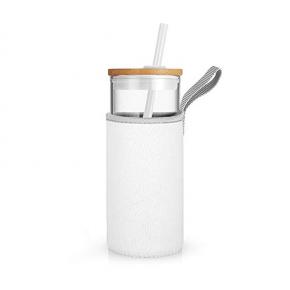 Iced Coffee Cup Glass Tumbler with Straw and Bamboo LidWide Mouth Reusable Smoothie Cup with Straw