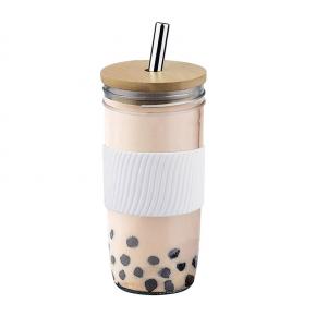 Glass Mugs Reusable Smoothie Cups Boba Tea Cups Travel Mugs Glass mason jar with bamboo