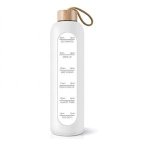 PROBTTL 32 Oz Borosilicate Glass Water Bottle with Time Marker Reminder Quotes, Leak Proof Reusable BPA Free Motivational Water Bottles with Silicone Sleeve and Bamboo Lid