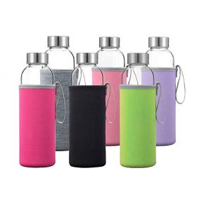 Glass Water Bottles 6 Pack With Sleeves and Stainless Steel Lids - 18oz Size - Leak Proof Caps, Reusable 